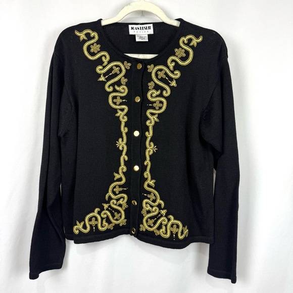 Joan Leslie Sweaters - VTG Joan Leslie Petite M Knit Black Gold Embroidered Button Up Cardigan Sweater